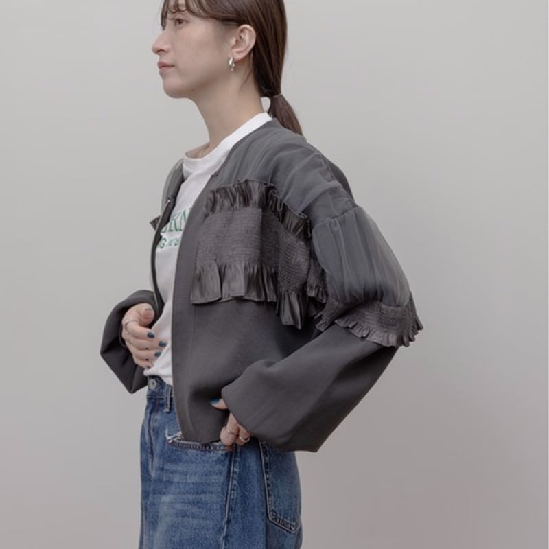 Eimeelaw（エイミーロー）シャーリングフリルニットブルゾン | ZAZABYS