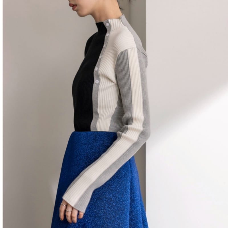 Eimee law（エイミーロー）ボタン付きブロック配色リブニット