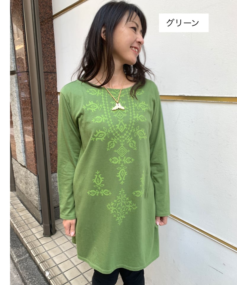 24003 綿モダール天竺キルト刺繍プリントチュニック | Pikake 24003 綿モダール天竺キルト刺繍プリントチュニック | Pikake