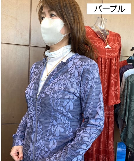 14404 レイ柄ジャガード前長袖前ジップカーデ