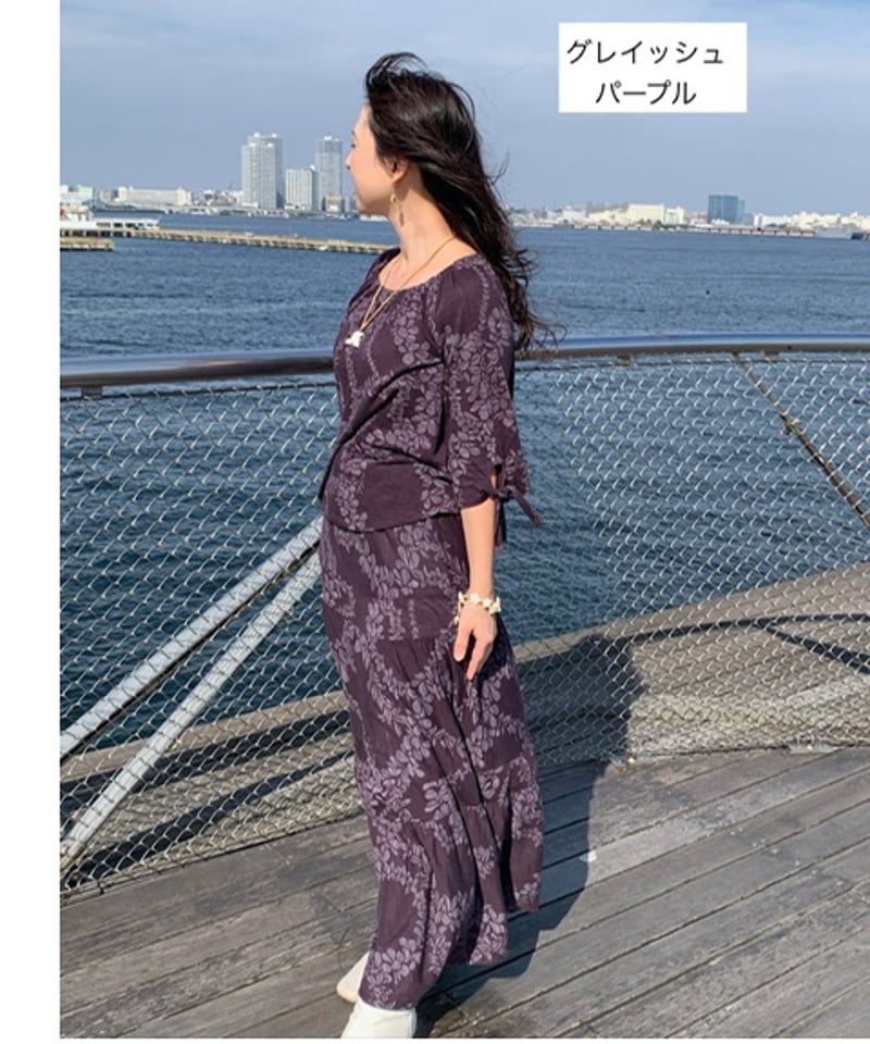 14505 レイ柄逆スラブ天竺切替ロングスカート | Pikake