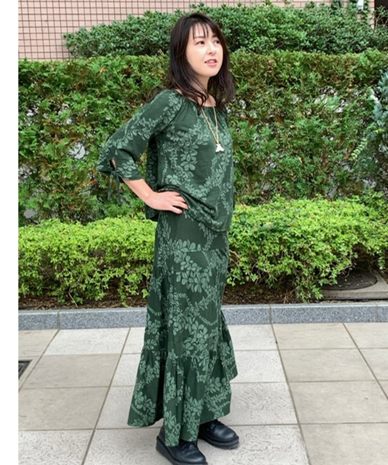 14505 レイ柄逆スラブ天竺切替ロングスカート | Pikake