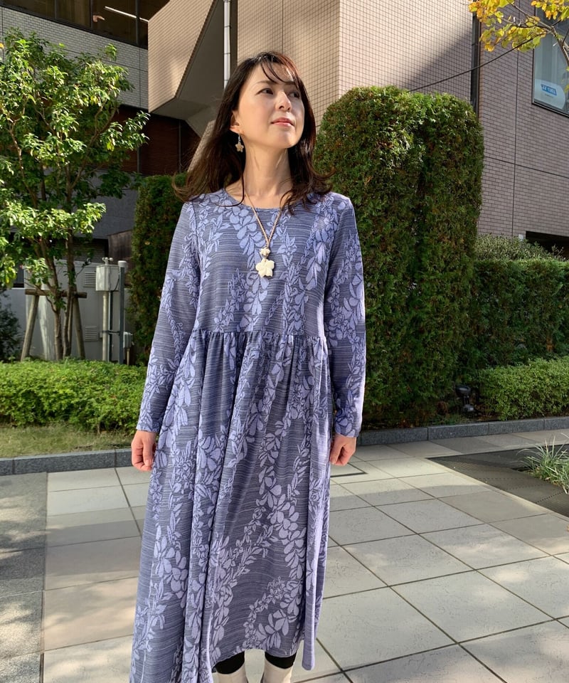 14300 レイ柄ジャガード長袖ワンピース | Pikake