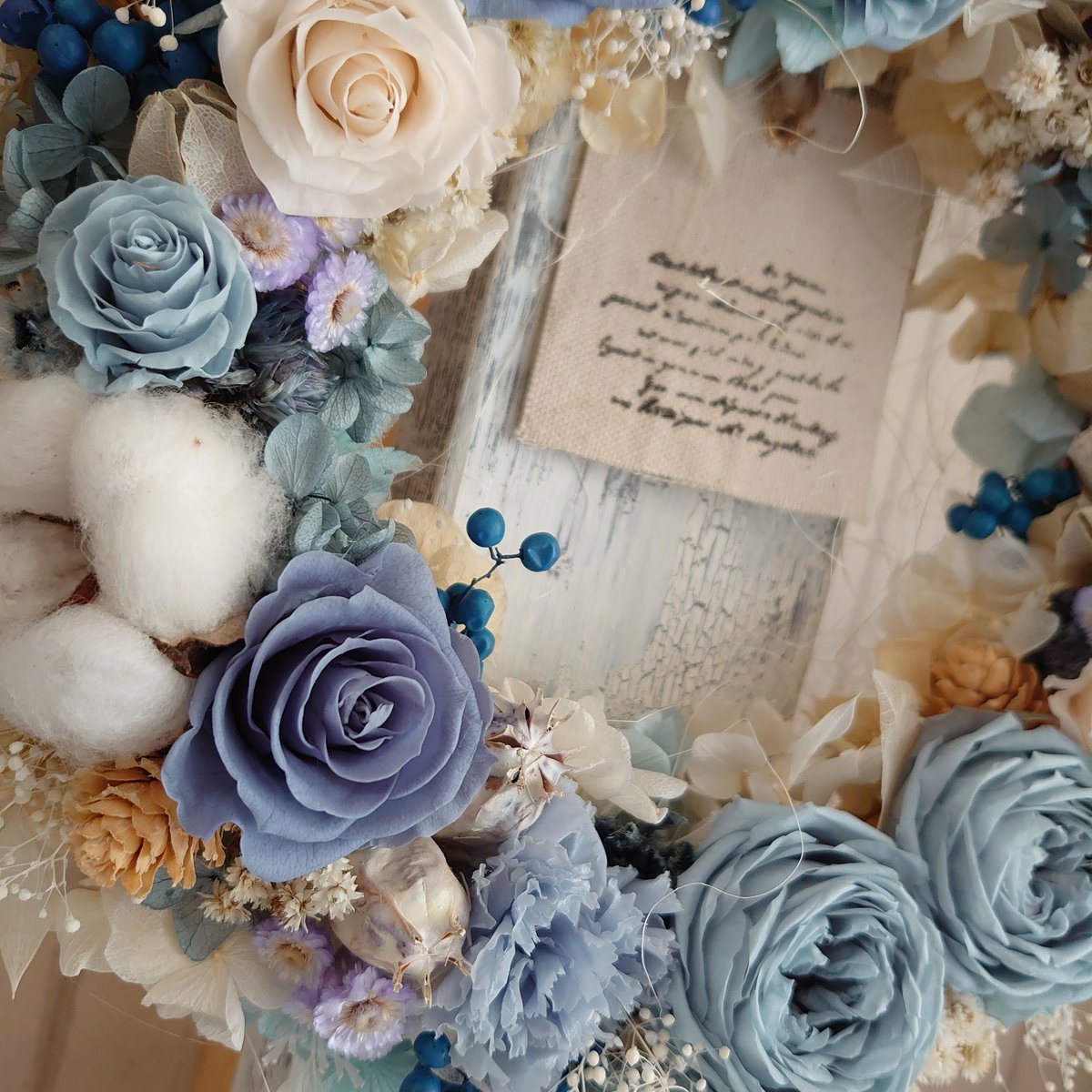 シャビーブルーのガーベラ♡ハーフリース　ブルーグレー　アンティーク調 アンティークハーフリース シャビーブルーのガーベラ♡ハーフリース