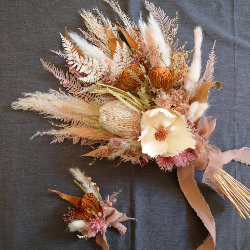 【おまとめ】ドライフラワー ブーケ ☘ブートニア セット /グレージュピンク おまとめ】ドライフラワー ブーケ ☘ブートニア セット /グレージュ