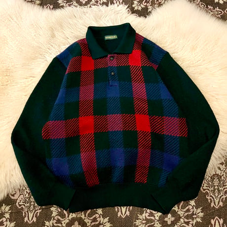 【 check pattern knit polo sweater 】