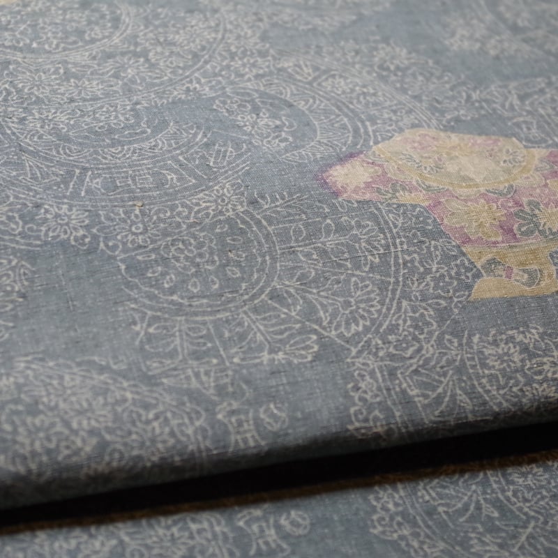 名古屋帯 更紗模様の結城紬x紫地ななめ暈し紬 | 野の草