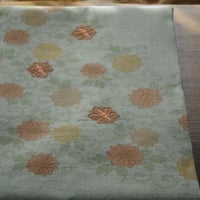 名古屋帯　緑がかった水色に刺繍の花唐草x鈍色無地の節紬