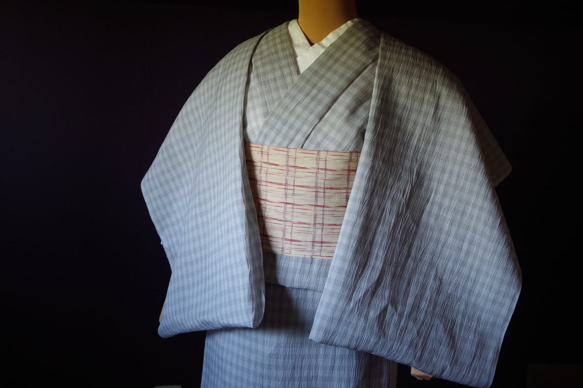 反物 小千谷縮 格子 ねずみ色 | 野の草