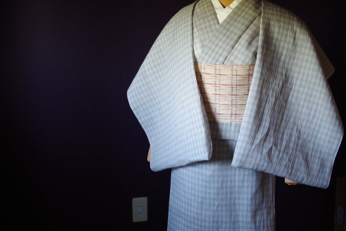 反物 小千谷縮 格子 ねずみ色 | 野の草