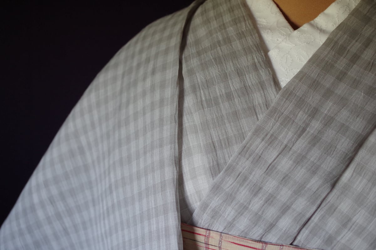反物 小千谷縮 格子 ねずみ色 | 野の草