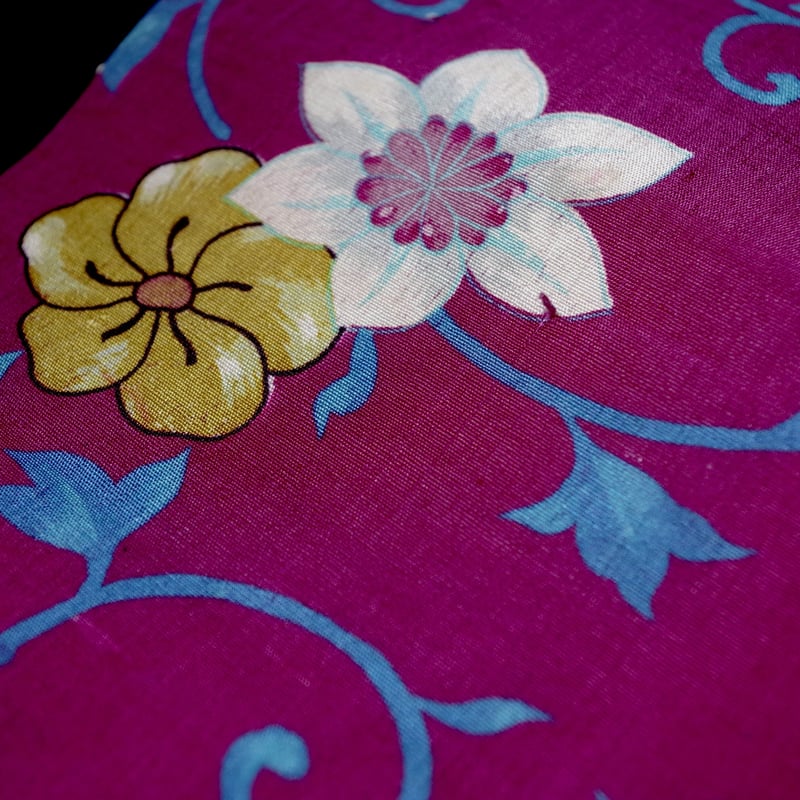 名古屋帯　刺繍　綿紬　草木染め　正絹　大正ロマン　成人式　七五三　お宮参り 名古屋帯 大正ロマンでポップな花唐草x縞紬 | 野の草
