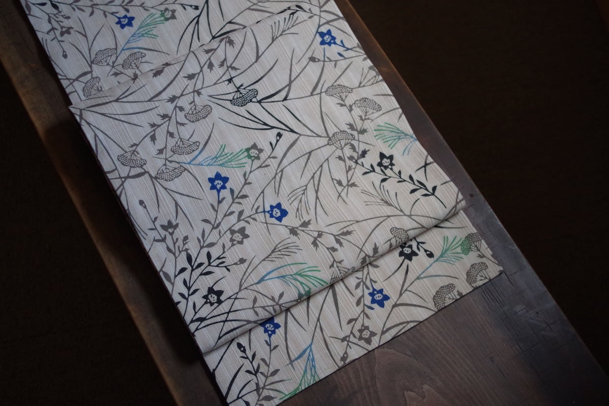 両面名古屋帯 竜田川模様駒絽x秋草模様綿紬 | 野の草