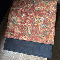 名古屋帯　赤茶に唐花の和更紗(明治期)x無地紬