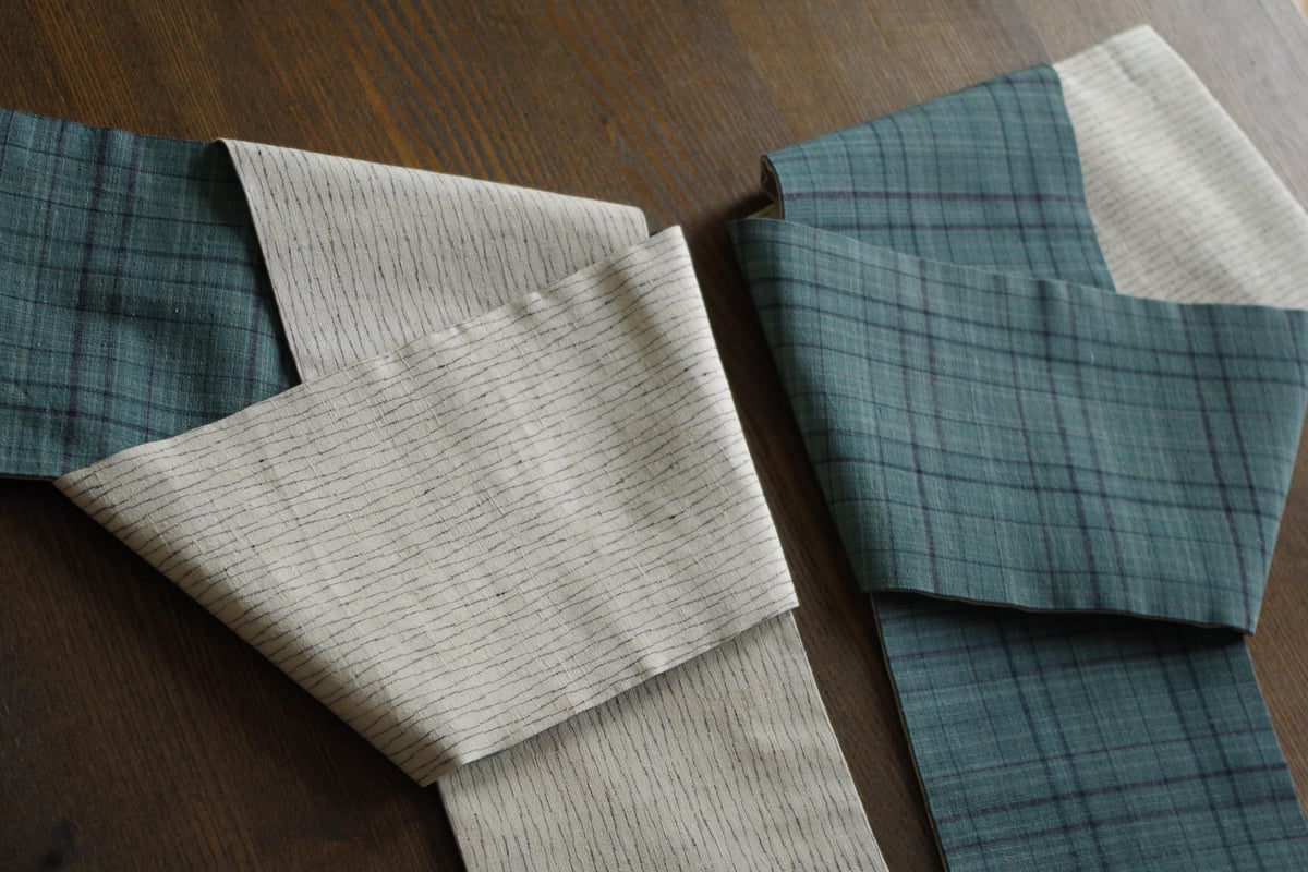 半幅帯 青緑の格子xきなりの立涌 | 野の草