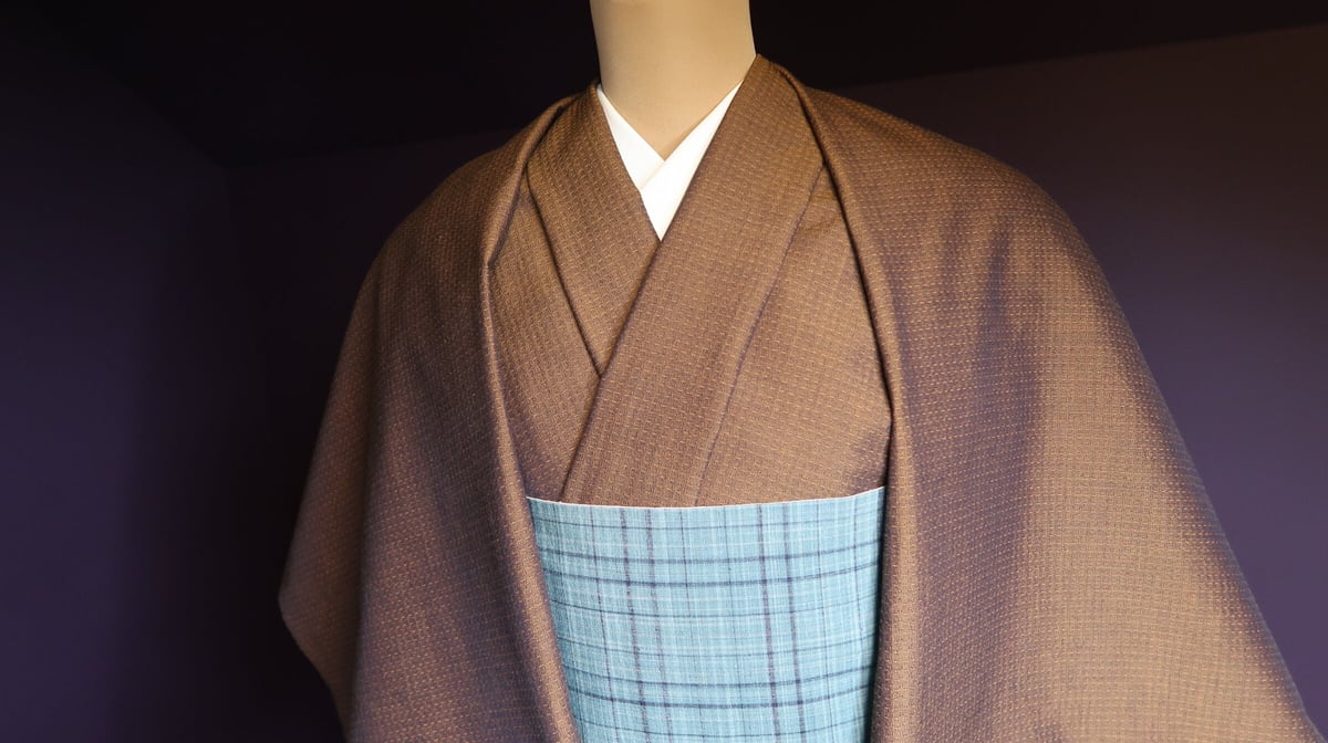 半幅帯 青緑の格子xきなりの立涌 | 野の草