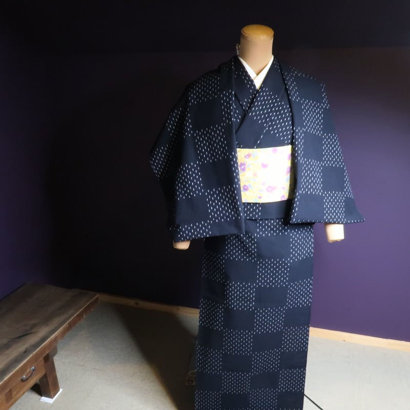 反物 久留米絣 あられ大きな市松 黒 | 野の草