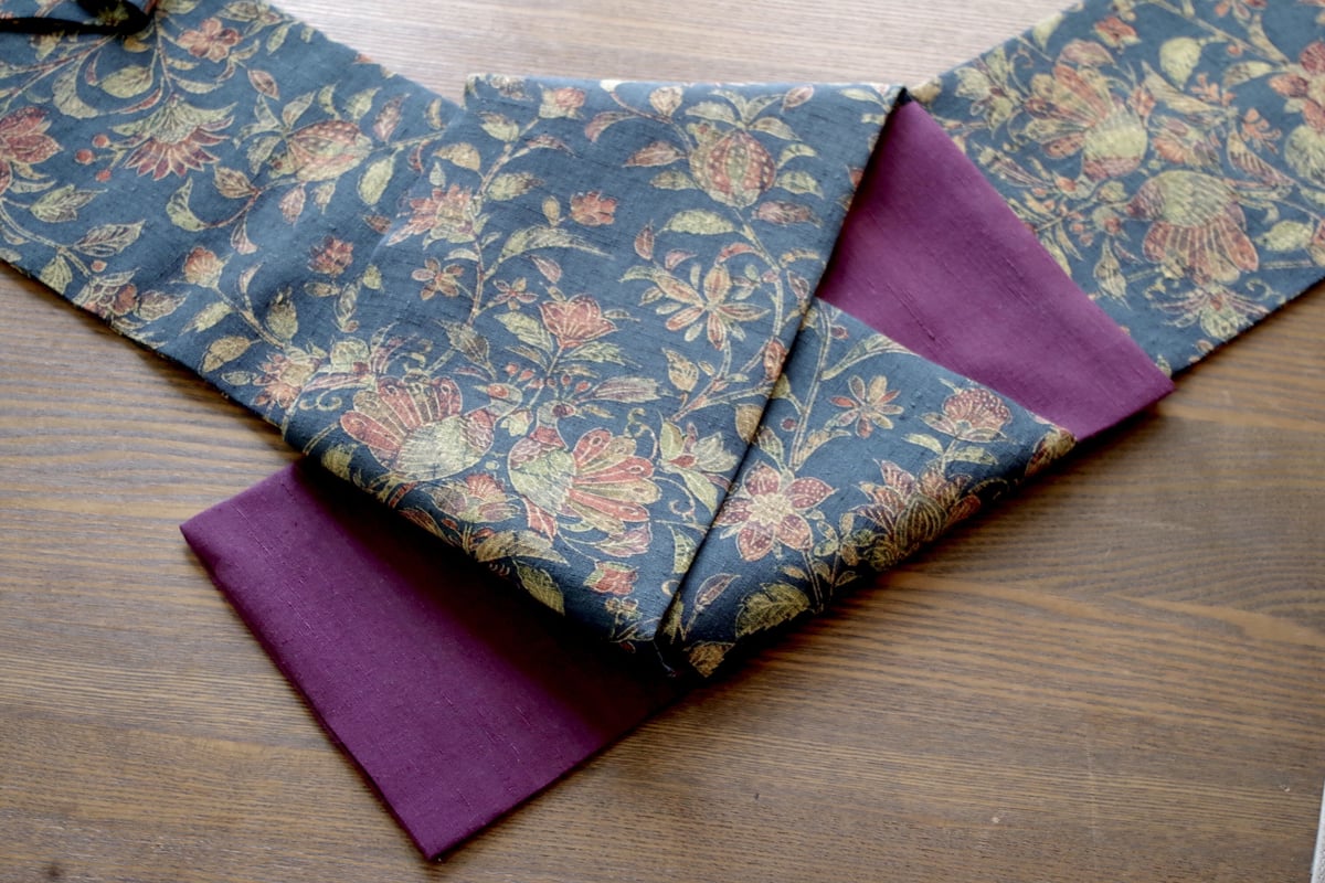 半幅帯 紺地に向かい鳥や唐花紬+紫無地紬 | 野の草