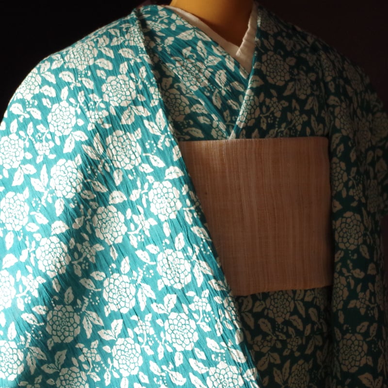 反物 新江戸染x新之助上布 綿麻 横段牡丹 孔雀緑 | 野の草