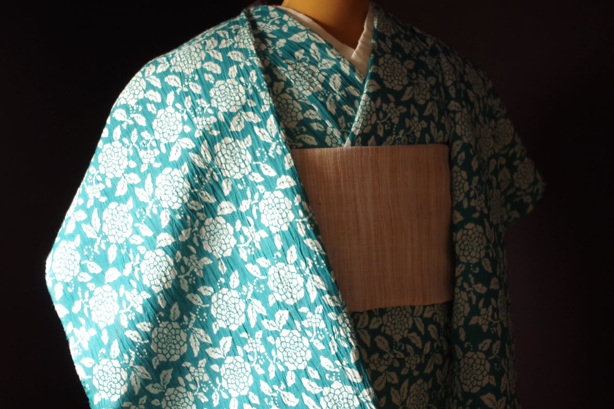 反物 新江戸染x新之助上布 綿麻 横段牡丹 孔雀緑 | 野の草