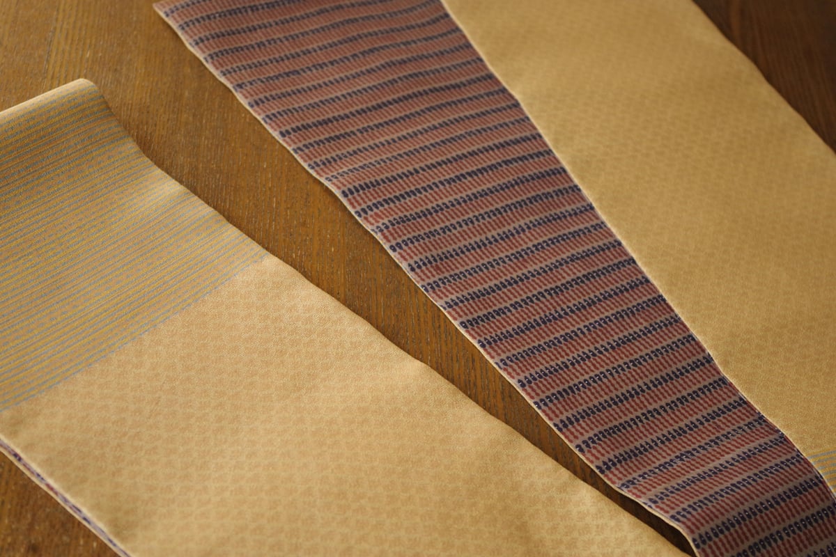 半幅帯 ベージュ小紋x茶絹更紗 | 野の草