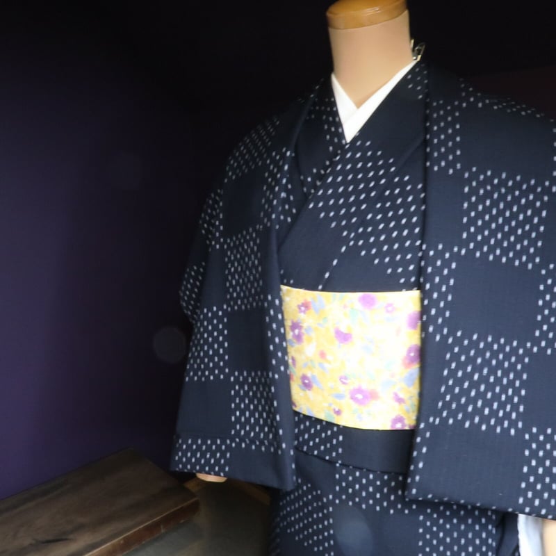 浴衣　久留米絣　綿　市松模様　灰色　美品　訳あり 1羽市松6立紺 - 久留米絣織元 下川織物