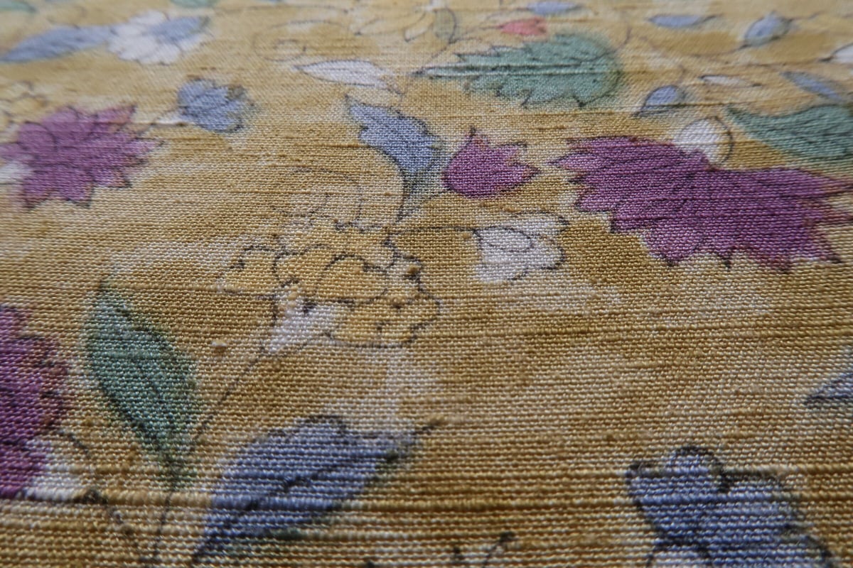 名古屋帯 辛子色地に草花の紬x白群地に花唐草の紬 | 野の草