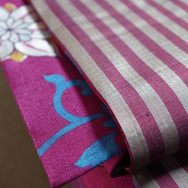 名古屋帯 大正ロマンでポップな花唐草x縞紬 | 野の草