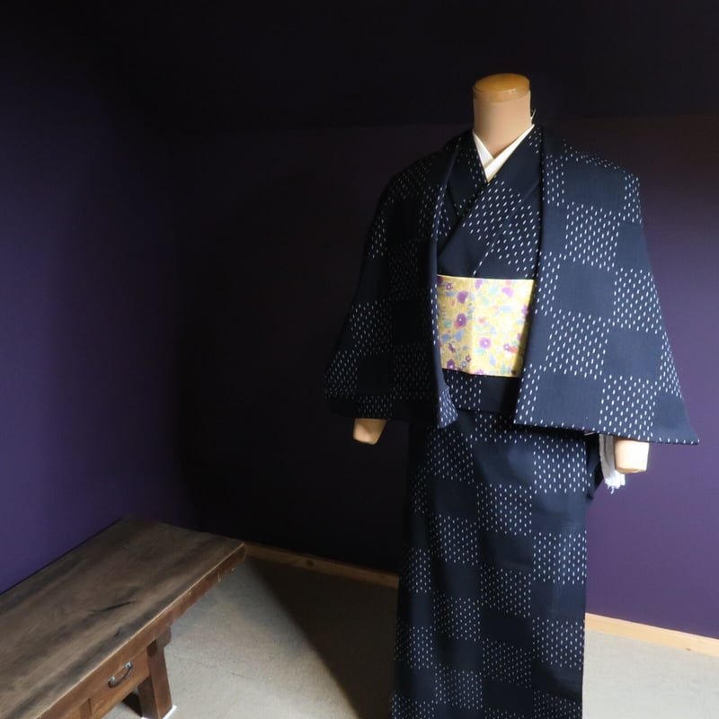 反物 久留米絣 あられ大きな市松 黒 | 野の草