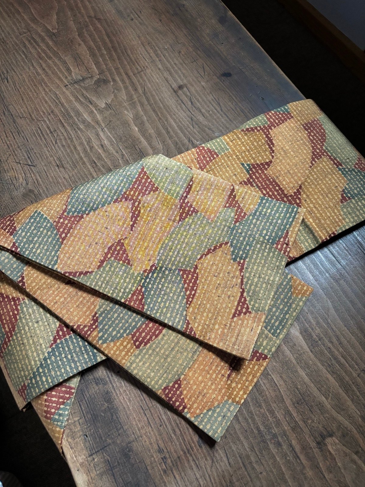 SALE❤️正絹　紗　半幅帯 淡ベージュに深緑の市松×扇面文様 半幅帯 扇面散らし柄紬 | 野の草