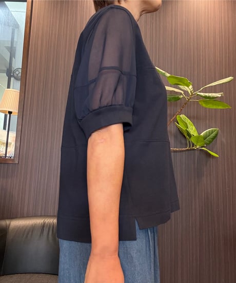 袖シアーコットンTシャツ