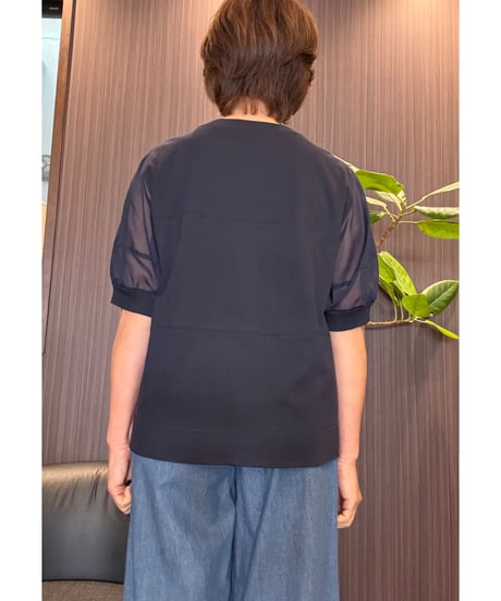 袖シアーコットンTシャツ