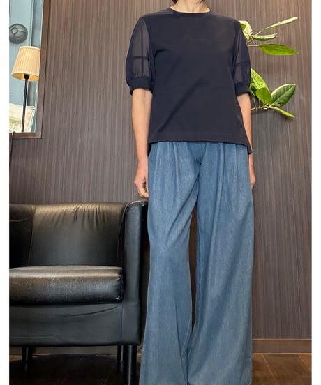 袖シアーコットンTシャツ