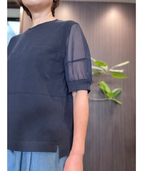 袖シアーコットンTシャツ