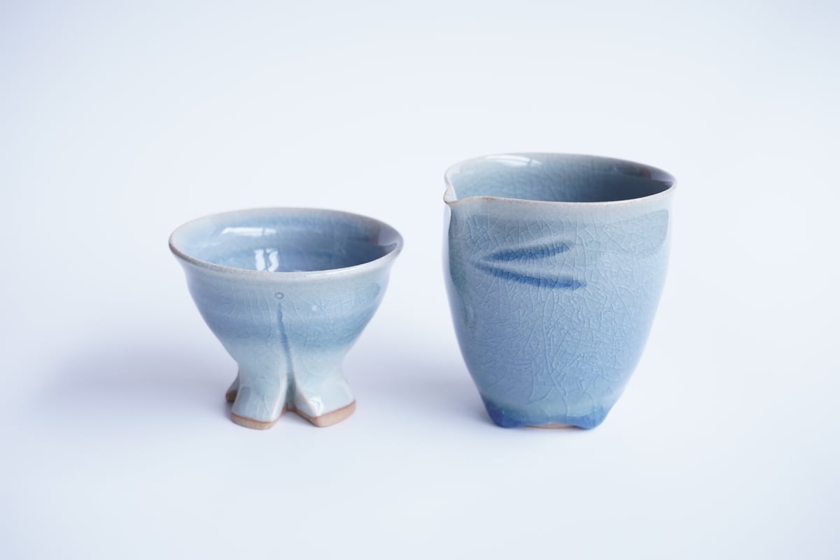 凪Hiyodori .凪青銅　5号サイズ　【セット割】　作家鉢 No.4-8 青萩酒器セット （納冨尚子） | 鳥雲窯