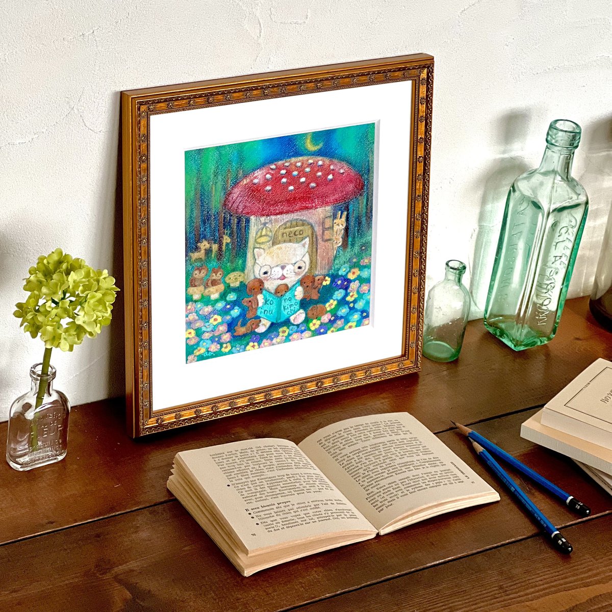 絵画。原画手描き【雪が降る冬、かわいい犬と猫の楽しい写真記念