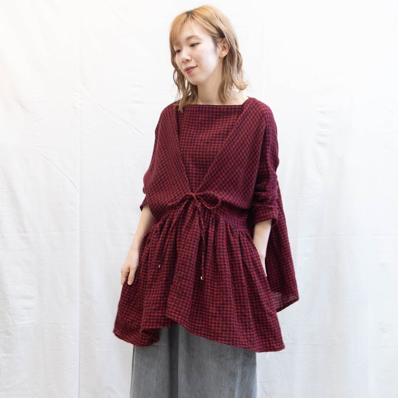 g)グラム g_656 ウールガーゼチェックギャザーリボンブラウス | casual