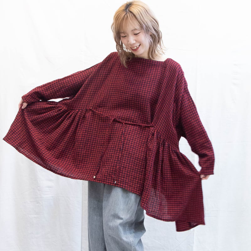 g)グラム g_656 ウールガーゼチェックギャザーリボンブラウス | casual