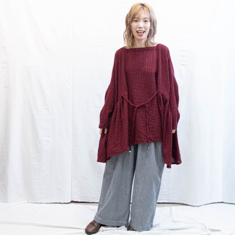 g)グラム g_656 ウールガーゼチェックギャザーリボンブラウス | casual