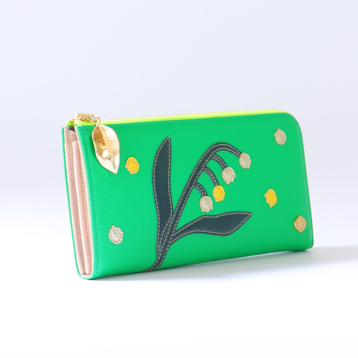 すずらんページ スズラン / ロングファスナーウォレット/ グリーン ｜アップリケ財布