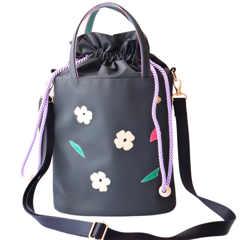 【2024年製 新品】 NYLON 巾着 2WAY shoulder bag / D.GRAY 小さい花 | F 財布・ケース・小物入れ
