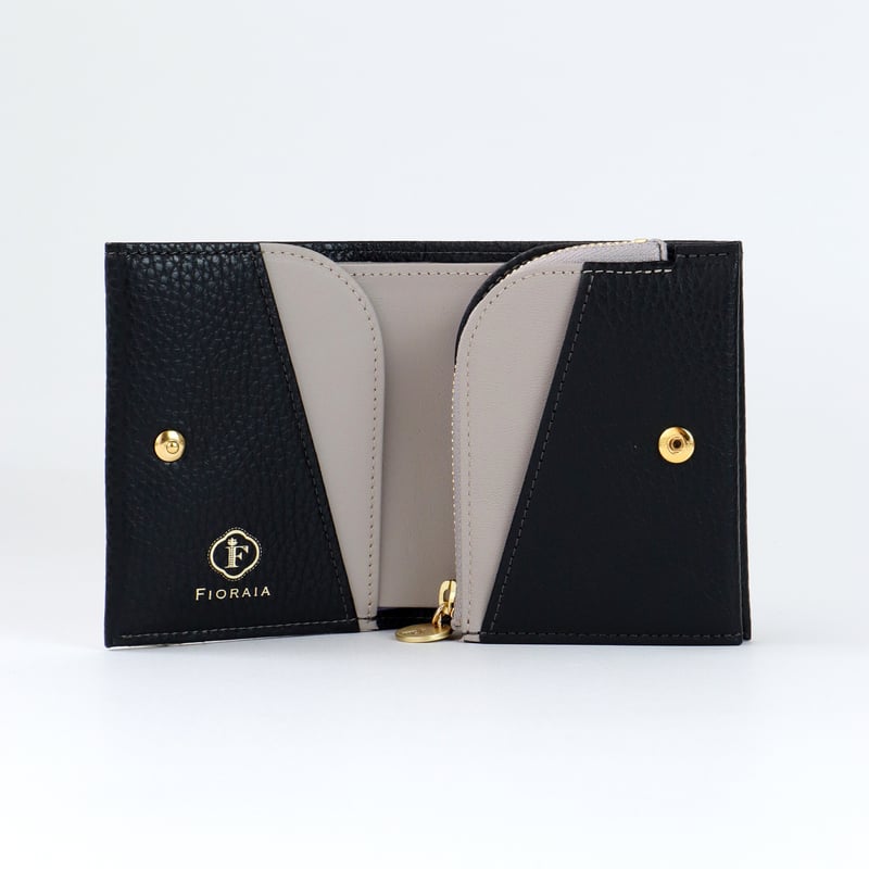 山羊革 二つ折り財布　カード入れ ✨ FIORAIA セルト / 2つ折りミニウォレット/ ブラック ｜アップリケ財布 FIORAIA