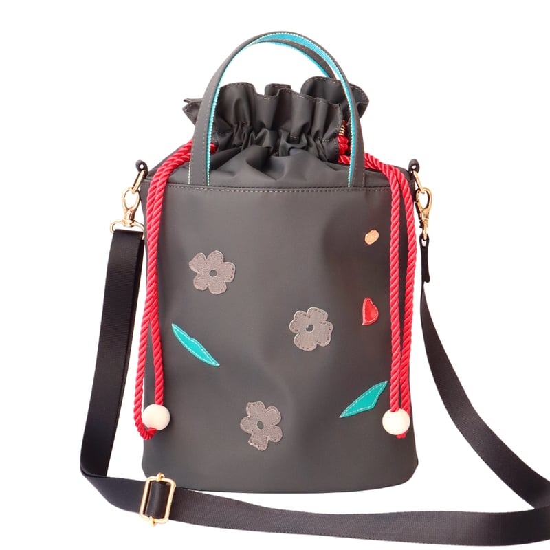 ナイロン巾着 2WAY ショルダーバッグ / D.GRAY グレー小花 ナイロン巾着 2WAY ショルダーバッグ / D.GRAY グレー小花