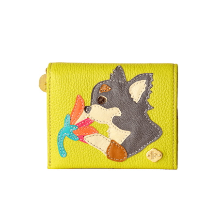 「花薫る犬と猫」ミニウォレット チワワ / ライムイエロー ｜アップリケ財布 FIORAIAフィオライア