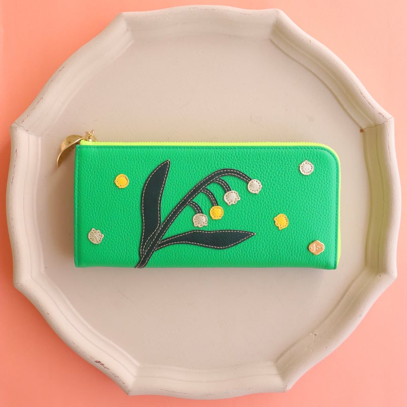 FIORAIA財布 スズラン / green スズラン / ロングファスナーウォレット/ グリーン ｜アップリケ財布