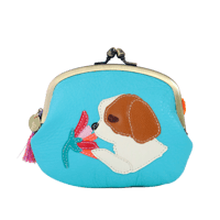 「花薫る犬と猫」がま口ウォレットシーズー / ターコイズブルー｜アップリケ財布 FIORAIAフィオライア
