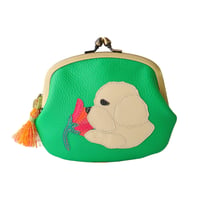 「花薫る犬と猫」がま口ウォレット ビションフリーゼ/ グリーン｜アップリケ財布 FIORAIAフィオライア