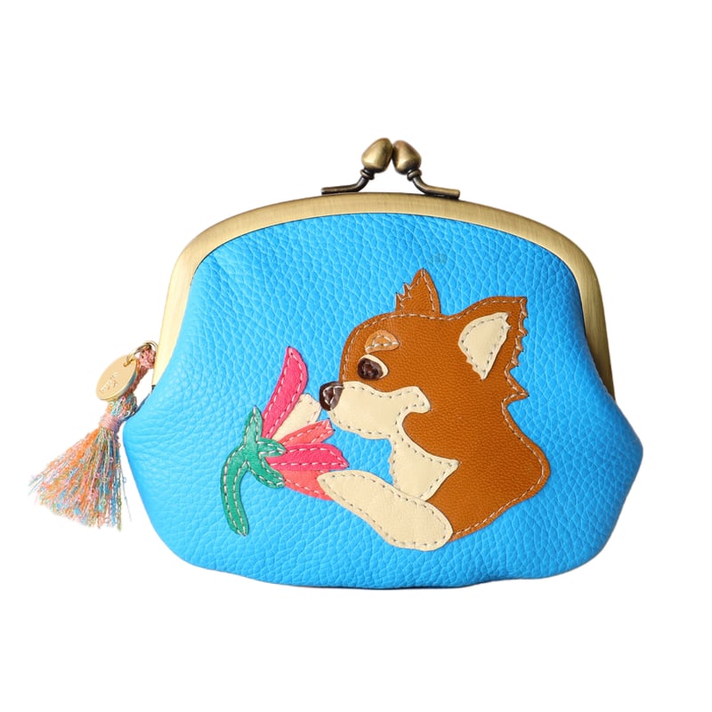 花薫る犬と猫」がま口ウォレット チワワ / スカイブルー｜アップリケ