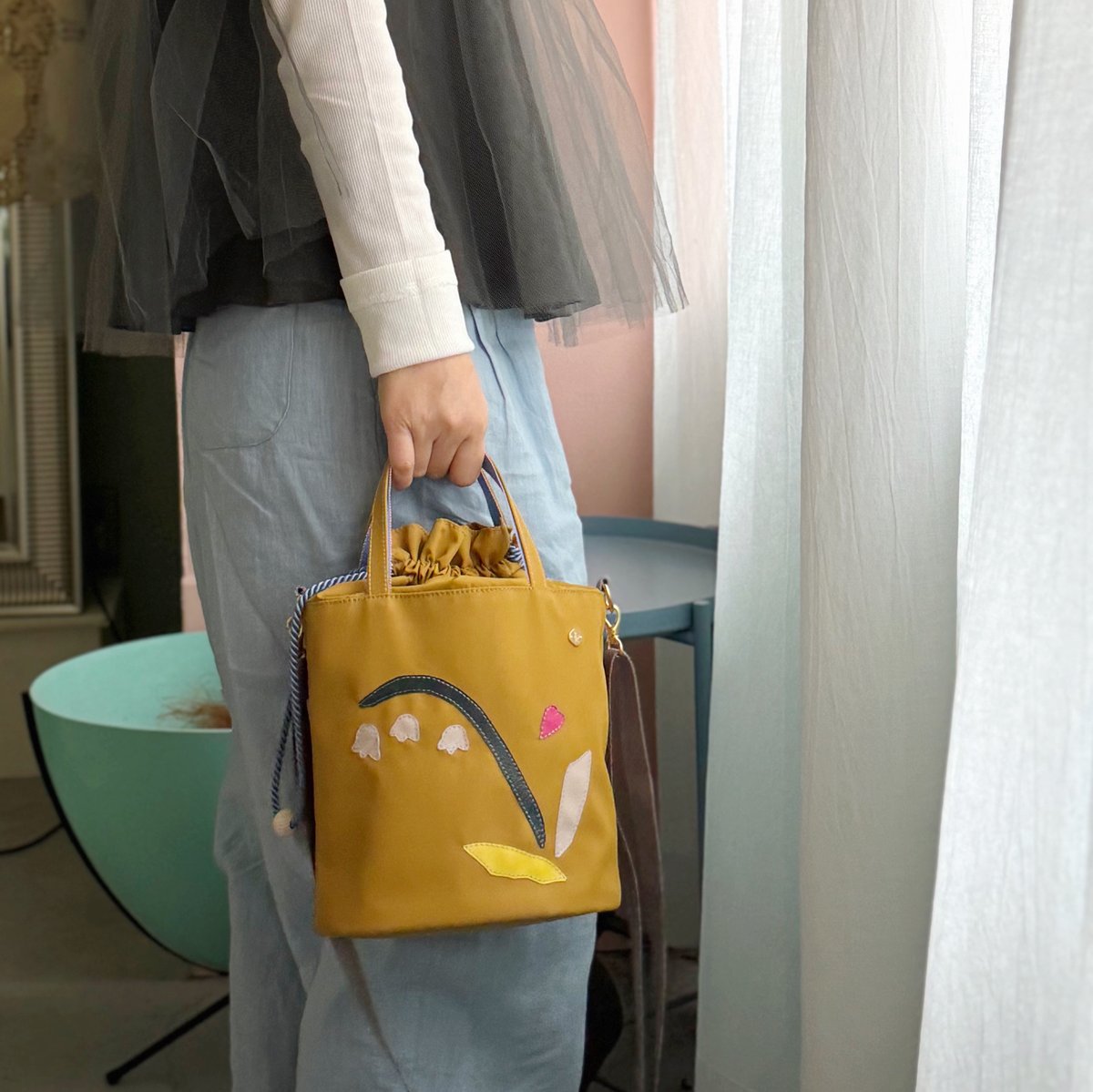 NYLON 巾着 2WAY shoulder bag / MUSTARD スズラン