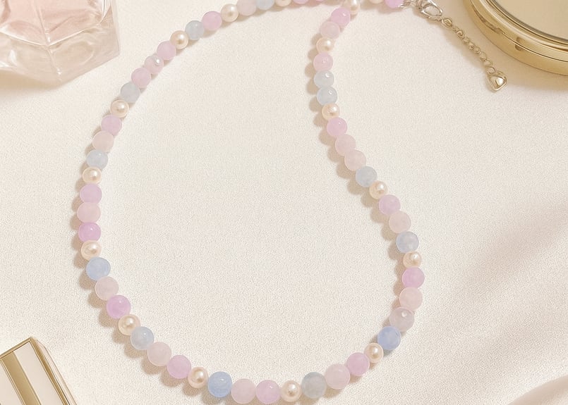 パステルカラー天然石＆パールネックレス ローズクォーツ・アクア